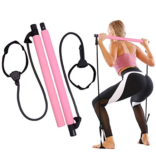 GLKEBY Kit de Barra de Pilates con Banda de Resistencia Ajustable Barra de Pilates portátil para Estiramiento, Yoga, Modelado, Ejercicio, Abdominales, Perder Peso (Pink)