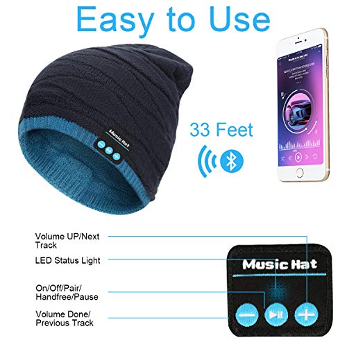 Gorro Bluetooth V5.0 Hombre y Mujer Beanie Música con Calentador de Cuello Gorro de Punto Invierno con Auriculares Inalámbricos Sombrero de Música Bluetooth para Correr, Esquiar, Regalar, Azul y Negro