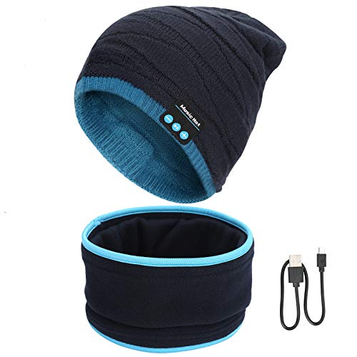 Gorro Bluetooth V5.0 Hombre y Mujer Beanie Música con Calentador de Cuello Gorro de Punto Invierno con Auriculares Inalámbricos Sombrero de Música Bluetooth para Correr, Esquiar, Regalar, Azul y Negro