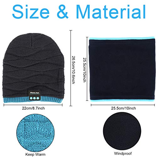 Gorro Bluetooth V5.0 Hombre y Mujer Beanie Música con Calentador de Cuello Gorro de Punto Invierno con Auriculares Inalámbricos Sombrero de Música Bluetooth para Correr, Esquiar, Regalar, Azul y Negro