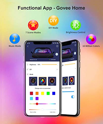 Govee Tiras LED Coche, 4pcs 22CM Luces LED APP Control Dos Líneas de Diseño a Prueba de Agua, Multi DIY Color Música Bajo el Tablero de Instrumentos Iluminación de Coches con Cargador de Coche, 12V
