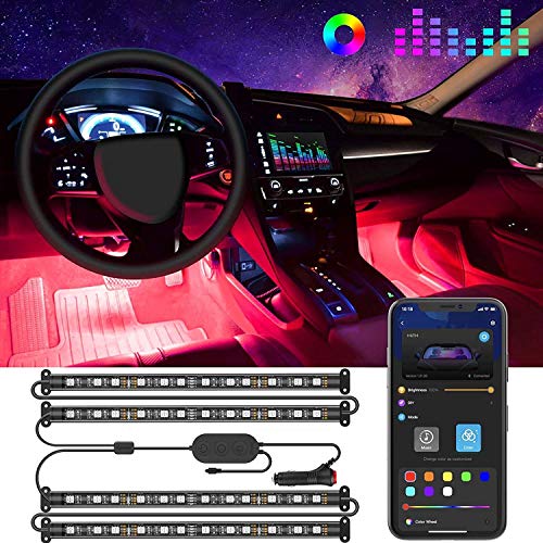 Govee Tiras LED Coche, 4pcs 22CM Luces LED APP Control Dos Líneas de Diseño a Prueba de Agua, Multi DIY Color Música Bajo el Tablero de Instrumentos Iluminación de Coches con Cargador de Coche, 12V