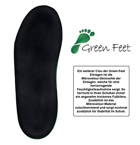 Green-Feet - Plantillas ortopédicas para pie descendido, pie plano, pie normal y pie cavo con soporte para pie transverso y almohadilla de amortiguación para sus pies, fabricado a mano en Alemania, color negro, talla 38