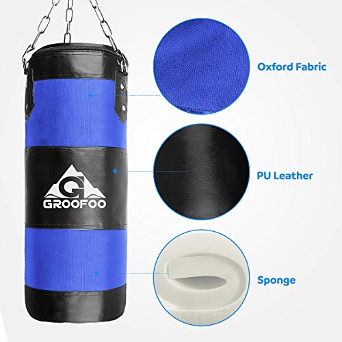 GROOFOO Saco de Boxeo Niños Tarea Pesada Oxford Boxing Bag para Entrenamiento de Boxeo para Niños Bolsa sin llenar con Cadena Montaje para MMA Muay Thai Kick Boxing 80x28CM Azul