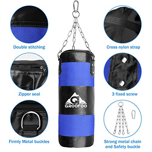 GROOFOO Saco de Boxeo Niños Tarea Pesada Oxford Boxing Bag para Entrenamiento de Boxeo para Niños Bolsa sin llenar con Cadena Montaje para MMA Muay Thai Kick Boxing 80x28CM Azul