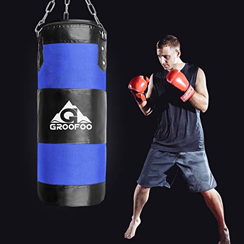 GROOFOO Saco de Boxeo Niños Tarea Pesada Oxford Boxing Bag para Entrenamiento de Boxeo para Niños Bolsa sin llenar con Cadena Montaje para MMA Muay Thai Kick Boxing 80x28CM Azul