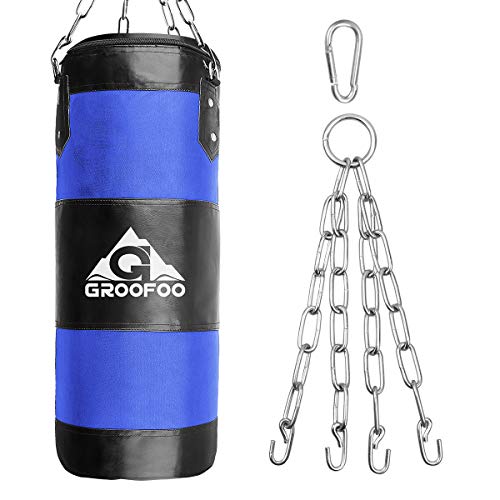 GROOFOO Saco de Boxeo Niños Tarea Pesada Oxford Boxing Bag para Entrenamiento de Boxeo para Niños Bolsa sin llenar con Cadena Montaje para MMA Muay Thai Kick Boxing 80x28CM Azul