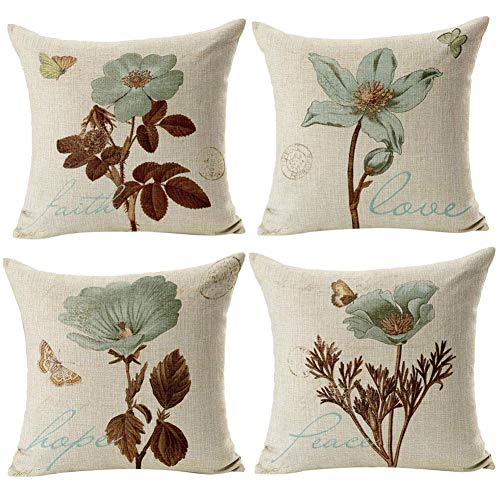 Gspirit 4 Pack Retro Flor Algodón Lino Throw Pillow Case Funda de Almohada para Cojín 45x45 cm