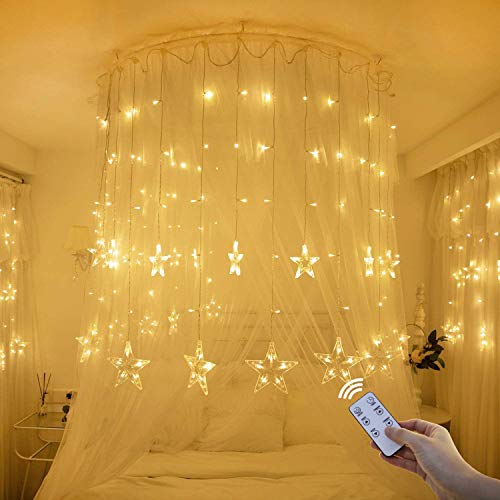 Guirnaldas Luminosas Estrellas Cortina Luces, 138 Leds Telones de Hogar, Led Cortina Cadena Luces Con Control Remoto Para El Balcón, Ventana, Pared, Escaparate, Boda, Fiesta, Blanco Cálido