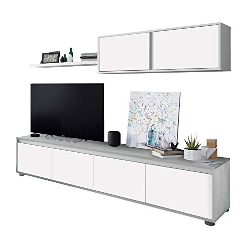 Habitdesign 016663L - Mueble de salón Moderno, modulos Comedor Alida, Medidas: 43 cm de Altura x 200 cm de Ancho x 41 cm de Fondo (Blanco Artik y Gris Cemento)