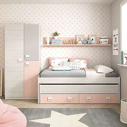 Habitdesign Cama Nido + 2 cajones y Estante, Cama Juvenil, Modelo Nube, Acabado en Color Blanco Alpes y Rosa Pastel, Medidas: 199 cm (Ancho) x 96 cm (Fondo) x 69 cm (Alto)