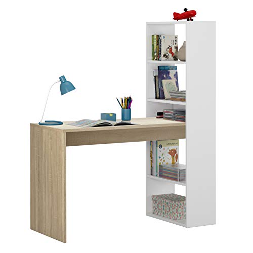 Habitdesign Mesa de Ordenador PC o Escritorio con Estanteria Reversible, Blanco Artik y Roble Canadian, Modelo Duplo, Medidas: 120 cm (Ancho) x  53 cm (Fondo) x 144 cm (Alto)