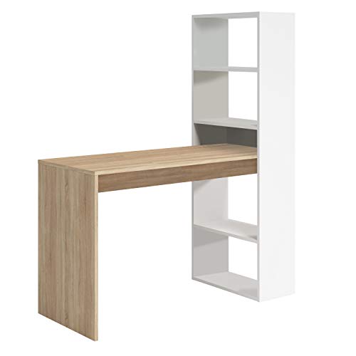 Habitdesign Mesa de Ordenador PC o Escritorio con Estanteria Reversible, Blanco Artik y Roble Canadian, Modelo Duplo, Medidas: 120 cm (Ancho) x  53 cm (Fondo) x 144 cm (Alto)