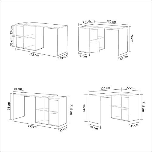 Habitdesign Mesa Escritorio, Mesa despacho Reversible, Mesa multiposición, Estudio, Modelo Adapta, Acabado en Blanco Artik