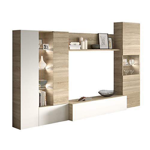 Habitdesign Mueble de Comedor con Leds, Mueble Salon, Modelo Essential, Acabado en Blanco Brillo y Roble Canadian, Medidas: 260 cm (Ancho) x 185 cm (Alto) x 42 cm (Fondo)