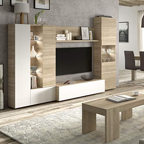 Habitdesign Mueble de Comedor con Leds, Mueble Salon, Modelo Essential, Acabado en Blanco Brillo y Roble Canadian, Medidas: 260 cm (Ancho) x 185 cm (Alto) x 42 cm (Fondo)