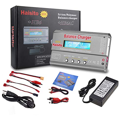 Haisito Cargador de Equilibrio de batería de 80W 6A Lipo Descargador para batería de LiPo/ Li-Ion/ Life (1-6S), NiMH/ NiCd (1-15S), Cargador de Equilibrio de batería RC Hobby con Adaptador de CA