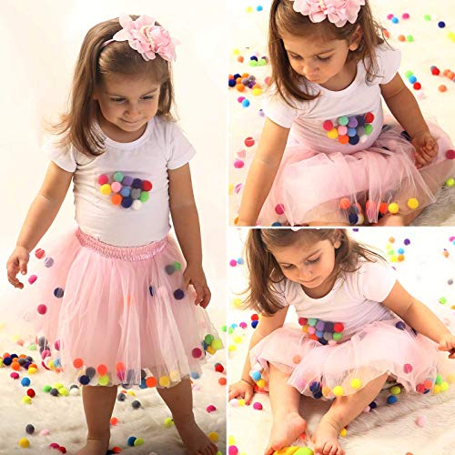 Happy Cherry - Tutú Mini Falda para Niñas 7-8 años Short Skirt Rosa con Pompones 4 Capas Tul Bonitos Lindos - Talla XL