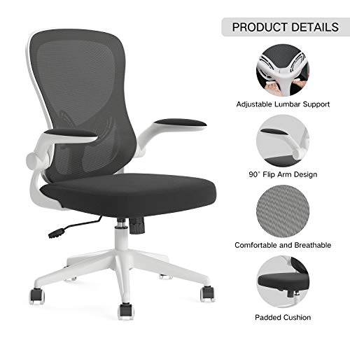 Hbada Silla de Oficina Silla de Escritorio ergonómica Silla giratoria con reposabrazos Plegables Soporte Lumbar Ajustable Silla de computadora de Malla Silla de Trabajo Silla Ligera Blanco