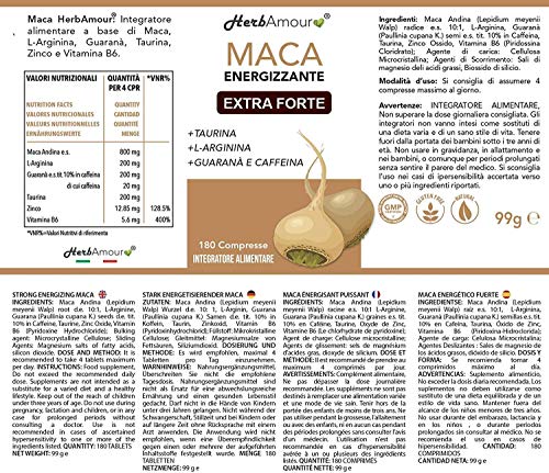 Herbamour Maca | 180 Capsulas Por 6 Meses De Alta Dosis En E.S. + L-Arginina + Vitamina B6 + Zinc + Taurina + Guaraná + Maca Peruana Con Extracto De Maca Andina | Proporción 10:1 | Calidad Italiana