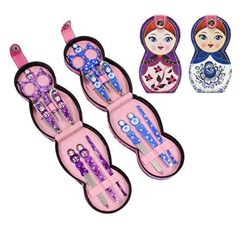 Hillent adorables muñeca patrón acero inoxidable manicura personal pedicura conjunto con funda de cuero profesional, kit de aseo de viaje, conjunto de 12, muñeca rusa