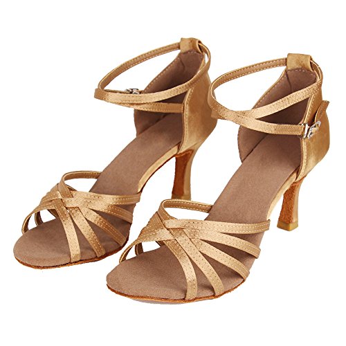 HIPPOSEUS Zapatillas de Baile Latino para Mujer/Satén/Altura del tacón 7CM,ES213-7,Beige Color,EU 37