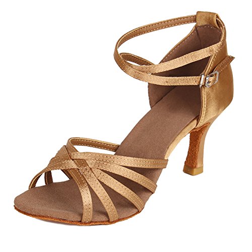 HIPPOSEUS Zapatillas de Baile Latino para Mujer/Satén/Altura del tacón 7CM,ES213-7,Beige Color,EU 37