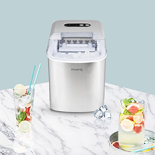 H.Koenig KB14 Máquina de Hacer Hielo, Potencia 120 W, Diaria 12 Kg, Ciclo Producción 10/13 Min, 2 Tamaños Cubitos, Capacidad Bandeja de Agua 2,1 L, Pantalla LCD, Acero Inoxidable, Gris