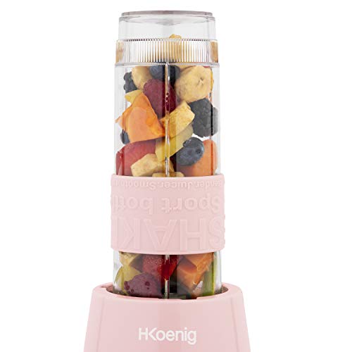 H.Koenig SMOO12 Batidora de Vaso Portátil, Smoothie Maker, Batidora Americana Para Zumos, Batidos, Smoothies, Capacidad de 570 mL, 300 W, Incluye 2 Botellas Deportivas Portátiles, Rosa Palo