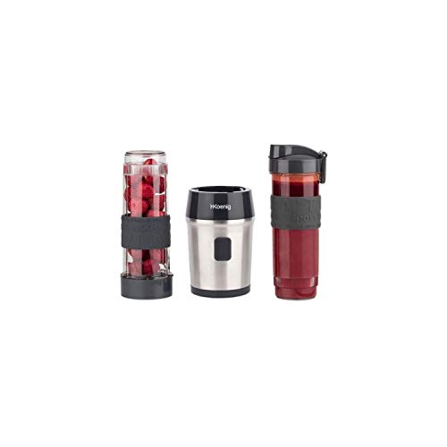 H.Koenig SMOO9 Batidora de Vaso Portátil, Smoothie Maker, Mini Batidora Para Zumos, Batidos, Smoothies, Capacidad de 570 mL, 300 W, Incluye 2 Botellas Deportivas Portátiles, Acero Inoxidable