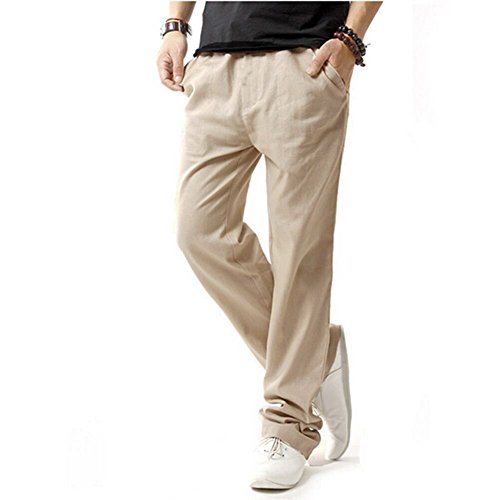 Hoerev Pantalones de Lino Informales de Verano para Hombre Estilo Playero,Blanco,Large