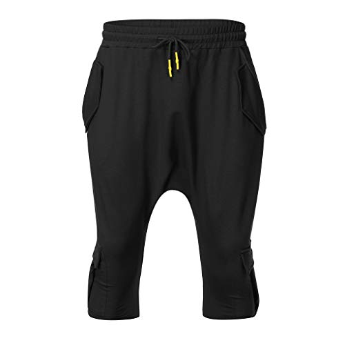 Hombre Pantalones Harem - Pantalones Cortos 3/4 Cómoda Cintura Elástica Pantalones con Cintura Moda Color Sólido Sueltas Casuales Yoga Hippies Pantalon Bombachos Yvelands(Negro,L)