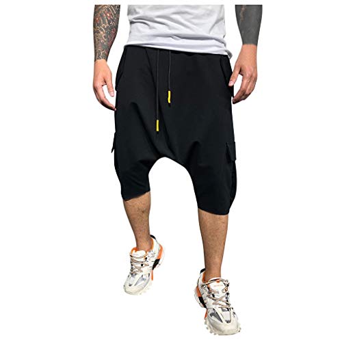 Hombre Pantalones Harem - Pantalones Cortos 3/4 Cómoda Cintura Elástica Pantalones con Cintura Moda Color Sólido Sueltas Casuales Yoga Hippies Pantalon Bombachos Yvelands(Negro,L)