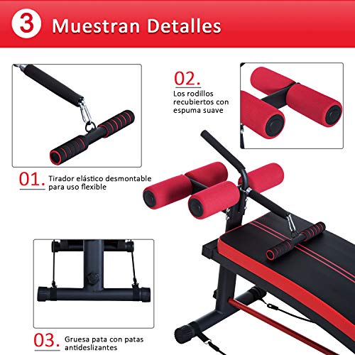 HOMCOM Banco de Musculación Banco Abdominal Pesas Estiramiento de Brazos Multifuncional para Fitness con 2 Cuerdas Expansor Acero