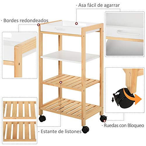 HOMCOM Carrito de Cocina Carrito de Servicio Doméstico de 4 Niveles con Una Bandeja Extraíble Estante Ruedas Universales 40x30x76 cm Blanco Madera