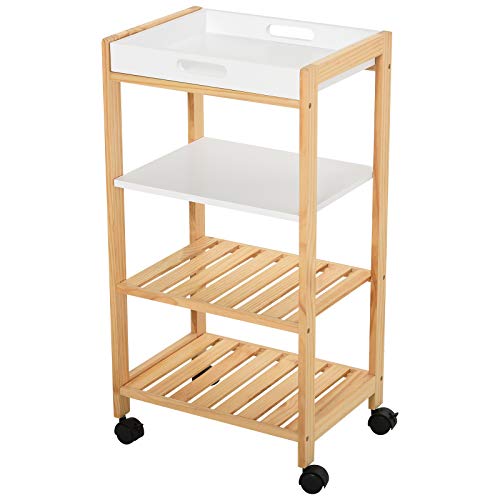 HOMCOM Carrito de Cocina Carrito de Servicio Doméstico de 4 Niveles con Una Bandeja Extraíble Estante Ruedas Universales 40x30x76 cm Blanco Madera