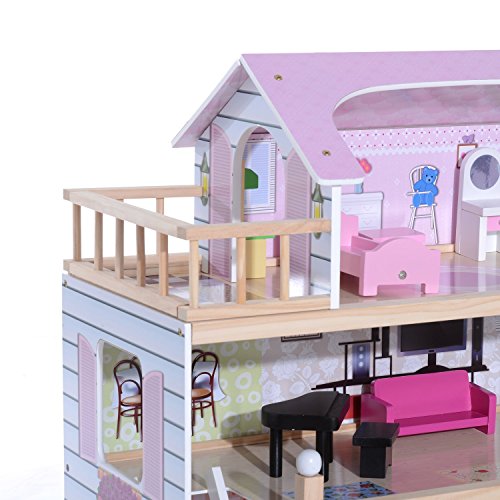 HOMCOM Casa de Muñecas con Muebles Mobiliario Casita Muñeca Jueguetes Madera con 13 Accesorios incluidos y 4 Niveles Color Rosa