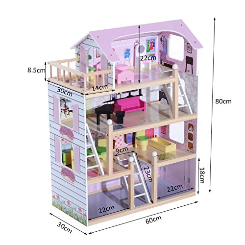 HOMCOM Casa de Muñecas con Muebles Mobiliario Casita Muñeca Jueguetes Madera con 13 Accesorios incluidos y 4 Niveles Color Rosa