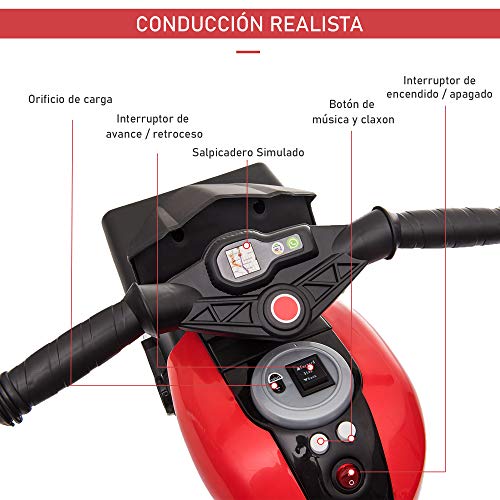 HOMCOM Moto Eléctrica Infantil con 3 Ruedas para +3 Años Triciclo con Pedal para Niños Batería 6V con Luces Música Neumáticos Anchos Velocidad Máxima de 3 km/h 86x42x52 cm Rojo