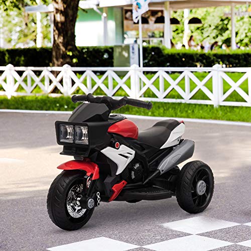 HOMCOM Moto Eléctrica Infantil con 3 Ruedas para +3 Años Triciclo con Pedal para Niños Batería 6V con Luces Música Neumáticos Anchos Velocidad Máxima de 3 km/h 86x42x52 cm Rojo