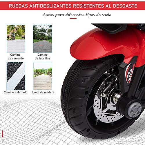 HOMCOM Moto Eléctrica Infantil con 3 Ruedas para +3 Años Triciclo con Pedal para Niños Batería 6V con Luces Música Neumáticos Anchos Velocidad Máxima de 3 km/h 86x42x52 cm Rojo