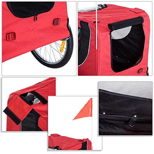 HOMCOM PawHut Remolque Bicicleta Perros Mascota 1 Bandera 6 Reflectores Remolque Bici Rojo Negro