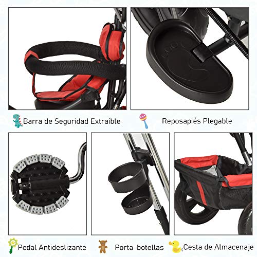 HOMCOM Triciclo para Bebé 4 en 1 Bicicleta para +18 Meses con Capota Manija de Empuje Ajustable Barra Extraíble Reposapiés Plegable Canasta de Almacenaje 92x51x110 cm Rojo