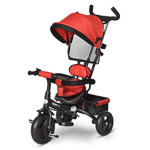 HOMCOM Triciclo para Bebé 4 en 1 Bicicleta para +18 Meses con Capota Manija de Empuje Ajustable Barra Extraíble Reposapiés Plegable Canasta de Almacenaje 92x51x110 cm Rojo