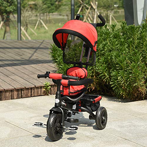 HOMCOM Triciclo para Bebé 4 en 1 Bicicleta para +18 Meses con Capota Manija de Empuje Ajustable Barra Extraíble Reposapiés Plegable Canasta de Almacenaje 92x51x110 cm Rojo