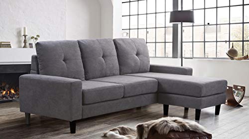 Home Heavenly®- Sofá Chaise Longue Brooklyn, sofá de salón 3 plazas esquinero Reversible, chaiselongue Derecha o Izquierda, de Color Gris Marengo y Patas Negras.