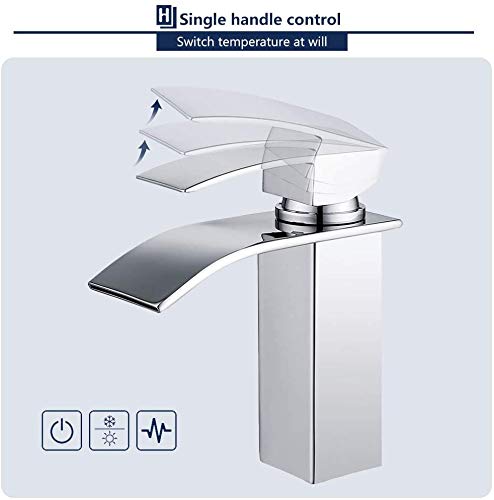 HOMELODY Grifo de Lavabo Cascada Grifo para Baño de Latón Grifo Grifo de Cuenca Monomando Cuadrado Mezclador Agua Fría y Caliente Grifo Cromo-Plateado con Válvula De Cerámica