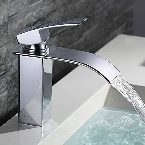 HOMELODY Grifo de Lavabo Cascada Grifo para Baño de Latón Grifo Grifo de Cuenca Monomando Cuadrado Mezclador Agua Fría y Caliente Grifo Cromo-Plateado con Válvula De Cerámica