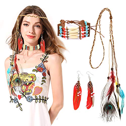 HOWAF Diadema India Plumas, Indios Cinta de Cabeza Mujeres Hippie Boho Tocado y Collar Indio Pendientes para Mujer Niñas Carnaval Indios Accesorios de Disfraz