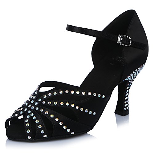 HROYL Zapatos de Baile para Mujeres y Niñas Latino de Diamantes de imitación Señoras Salsa Latina Tango Zapatos de Boda de satén,ESAF43503,Negro,39EU